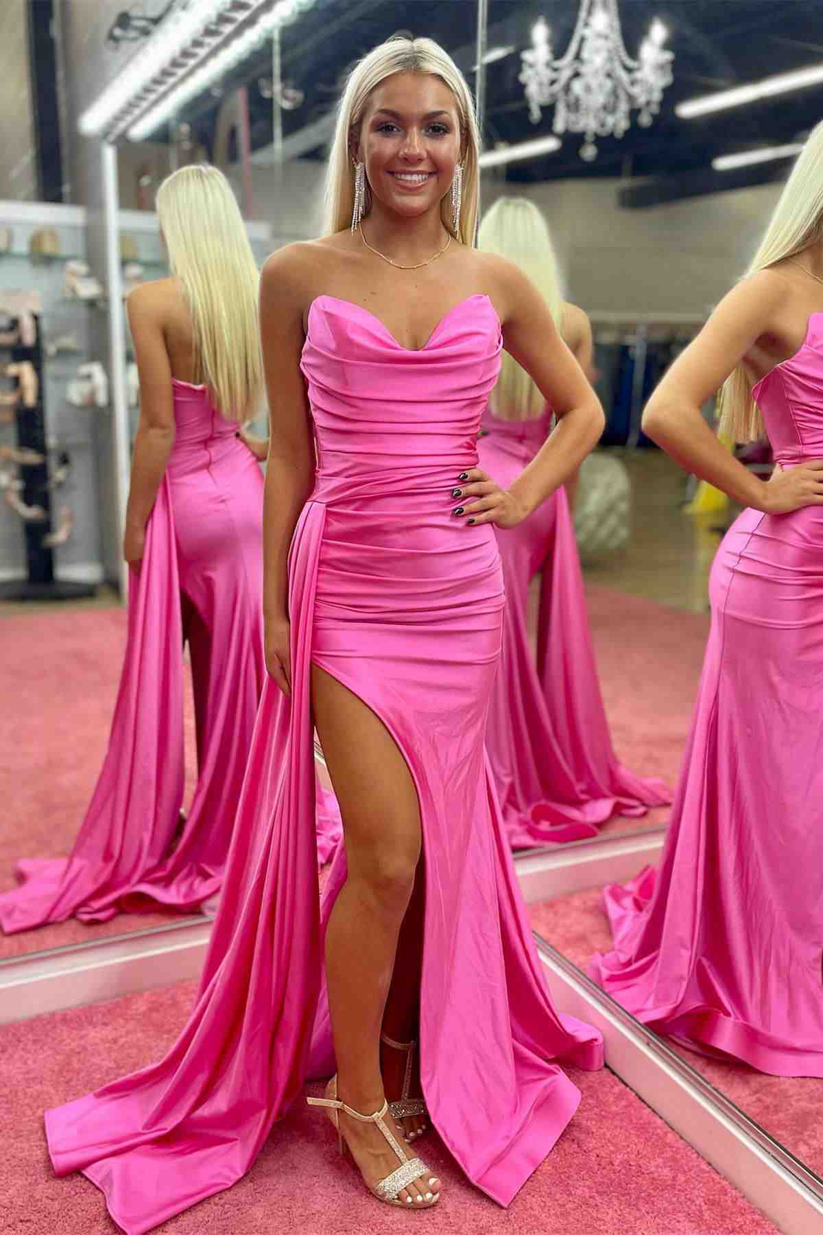 Strapless Hot Pink Pleated Long Prom Dress with Slit FancyVestido Strapless Hot Pink Pleated Long Prom Dress with Slit FancyVestido