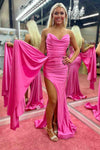 Strapless Hot Pink Pleated Long Prom Dress with Slit