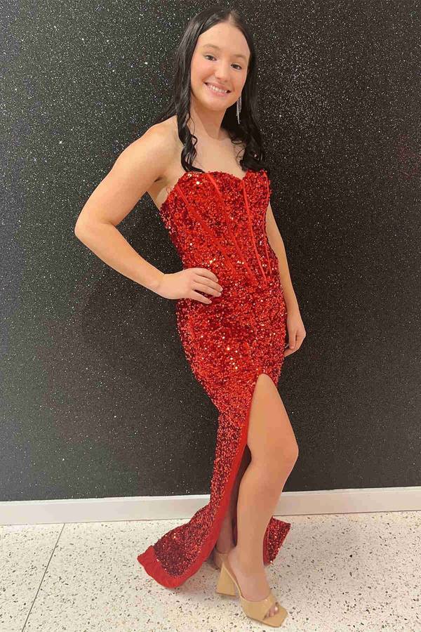 High Slit Red Sequined Mermaid Long Party Dress – FancyVestido
