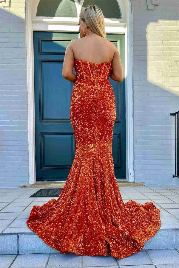 High Slit Red Sequined Mermaid Long Party Dress