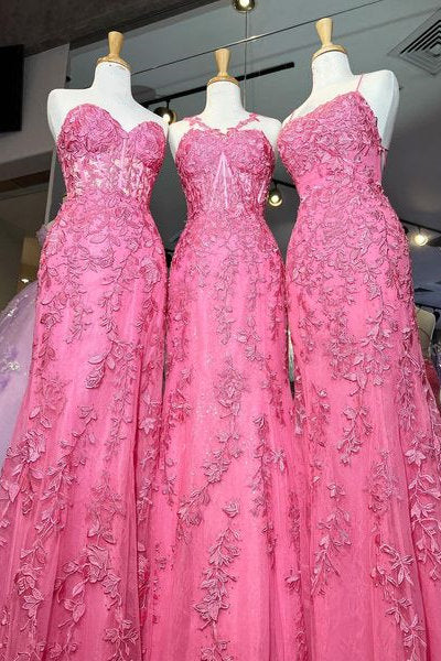 Gorgeous Hot Pink Lace Appliques Long Formal Dress