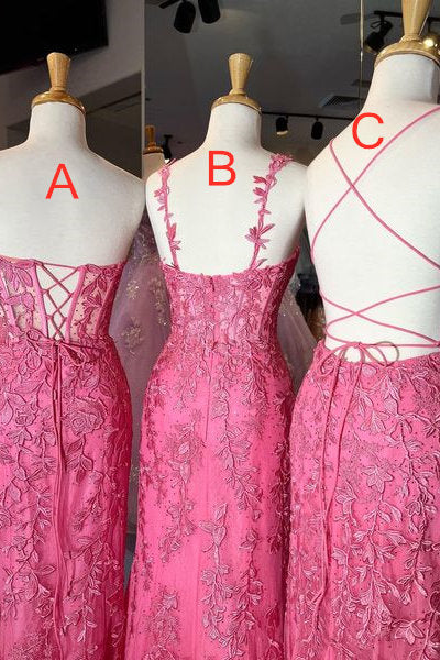 Gorgeous Hot Pink Lace Appliques Long Formal Dress