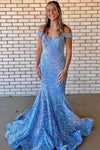 Mermaid Off-the-Shoulder Light Blue Sequins Long Prom Dress