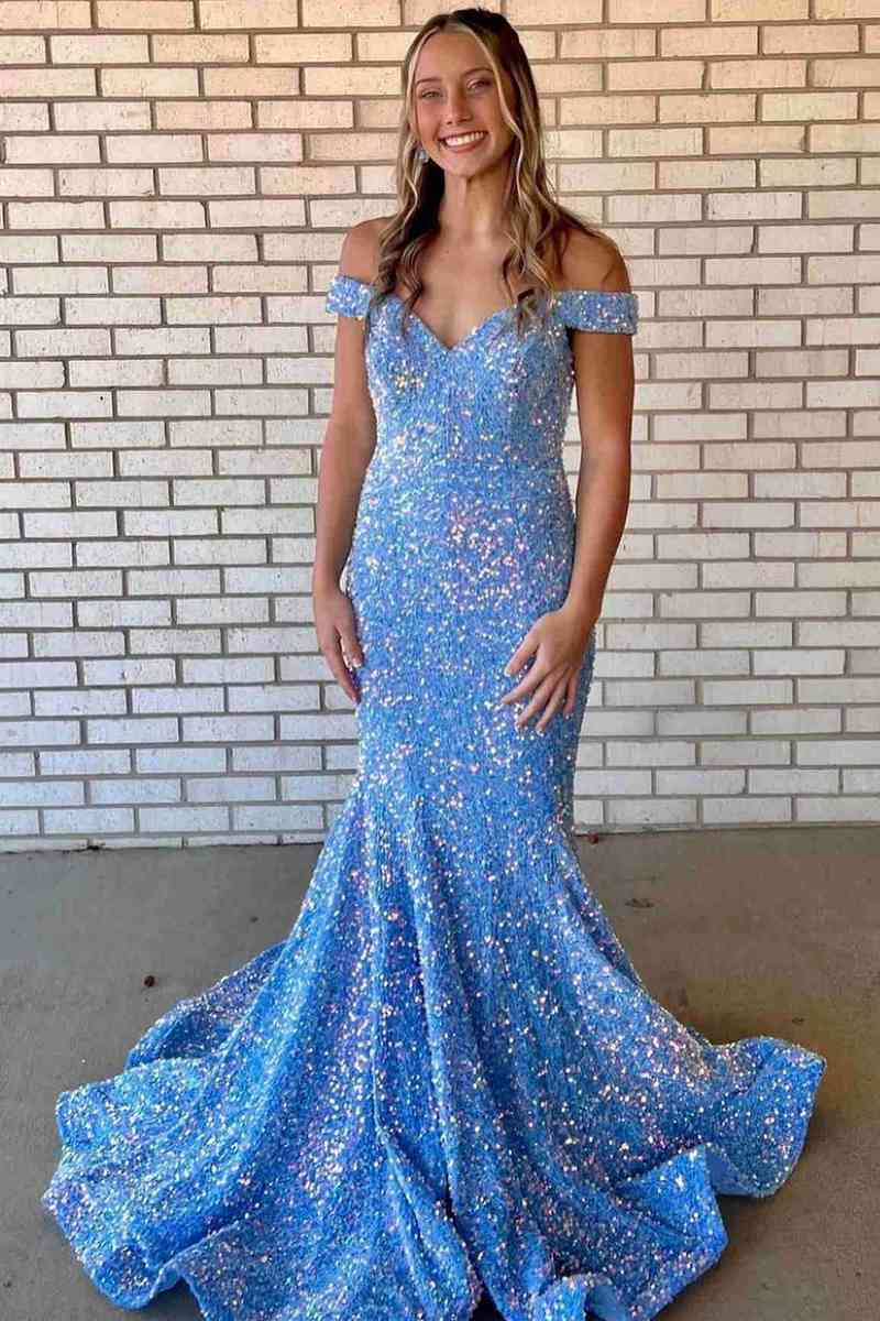 Mermaid Off-the-Shoulder Light Blue Sequins Long Prom Dress FancyVestido Mermaid Off-the-Shoulder Light Blue Sequins Long Prom Dress FancyVestido