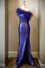 Feather One-Shoulder Purple Long Party Dress with Slit