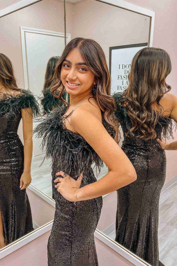 Feather One-Shoulder Purple Long Party Dress with Slit