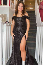 Pleated Off-the-Shoulder Black Sequins Long Formal Dress