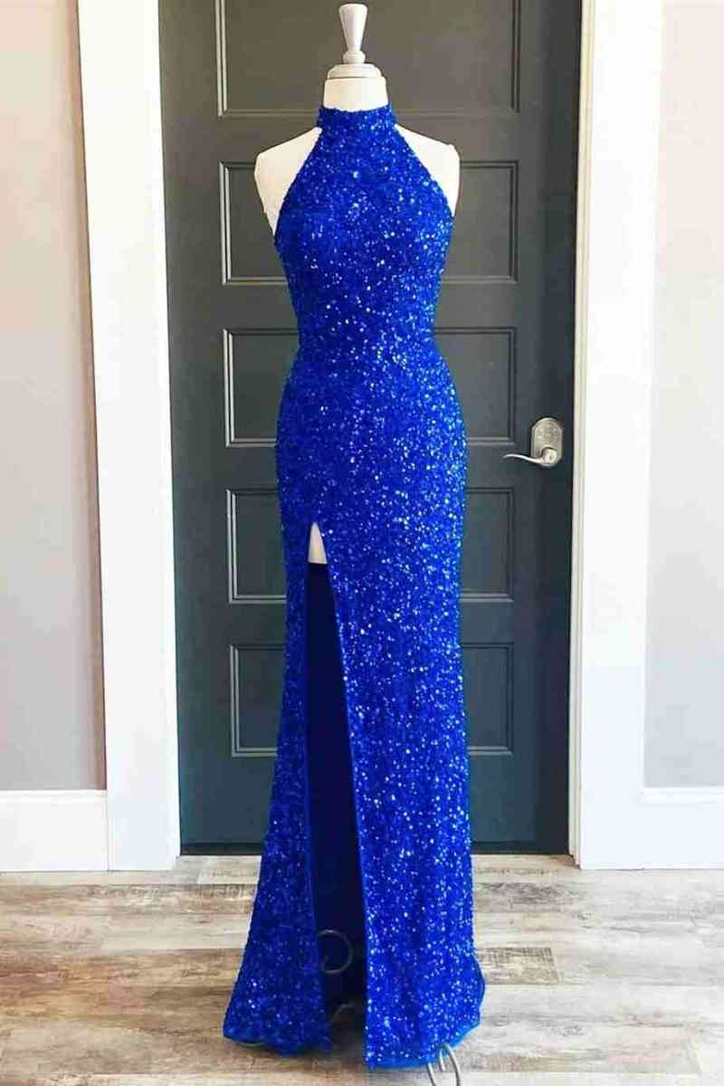 Sequins High Neck Royal Blue Long Party Dress with Slit FancyVestido Sequins High Neck Royal Blue Long Party Dress with Slit FancyVestido