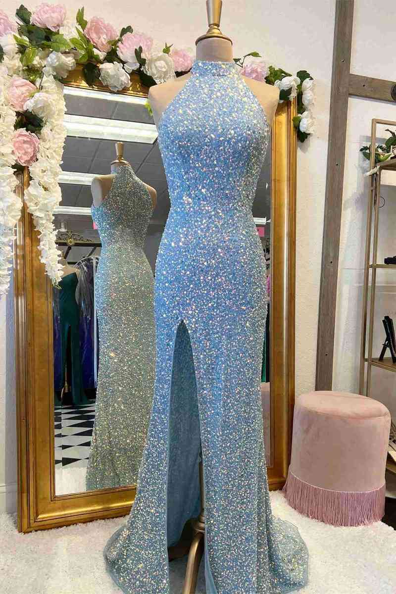 Sequins High Neck Royal Blue Long Party Dress with Slit FancyVestido Sequins High Neck Royal Blue Long Party Dress with Slit FancyVestido