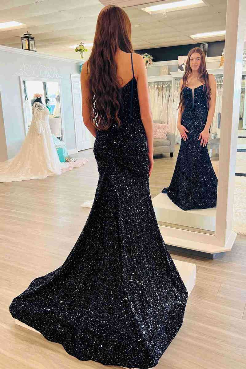 Cap Sleeves Sequins LACE Mermaid Dress Dark Navy main image 1