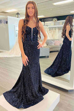 Straps Plunging Neck Navy Sequins Mermaid Prom Dress