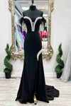 Black Feather Off-the-Shoulder Beaded Mermaid Prom Dress