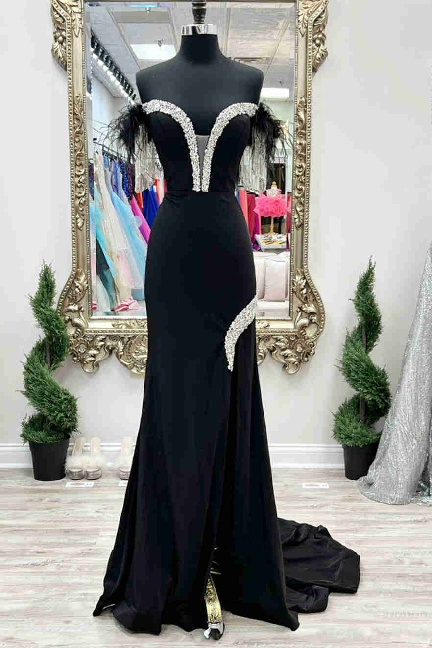Black Feather Off-the-Shoulder Beaded Mermaid Prom Dress FancyVestido Black Feather Off-the-Shoulder Beaded Mermaid Prom Dress FancyVestido