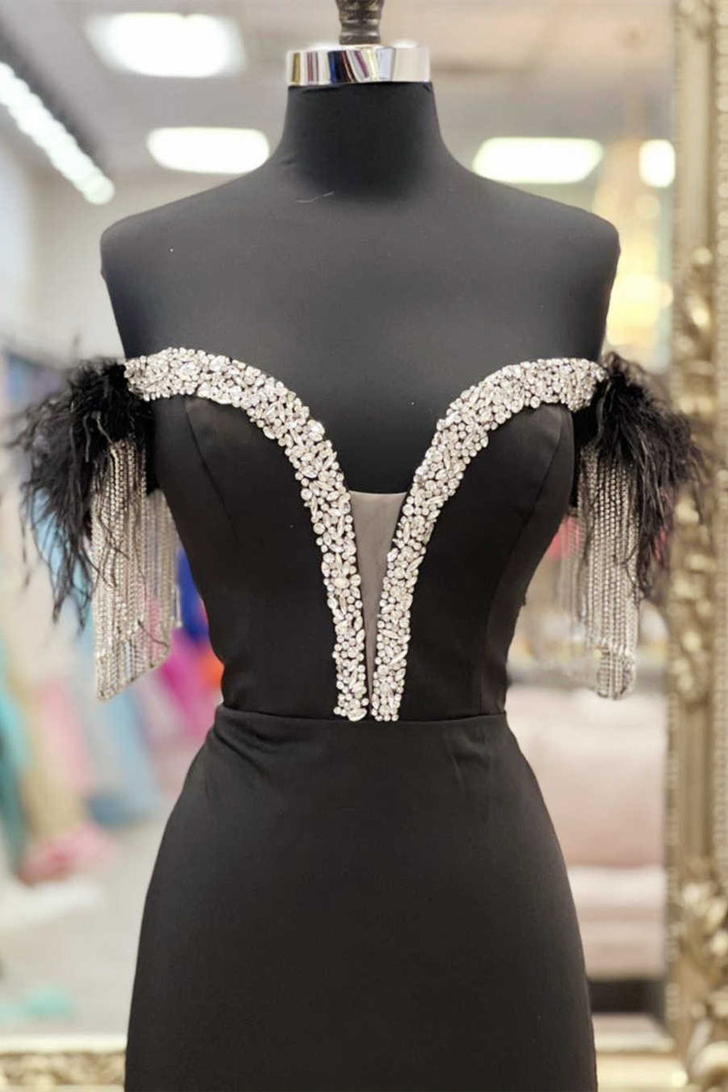 Black Feather Off-the-Shoulder Beaded Mermaid Prom Dress
