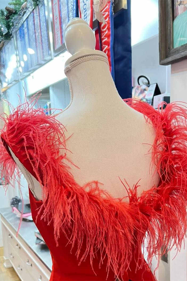Plunging Neck Red Feather Formal Dress with Slit