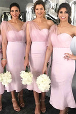 One Shoulder Pink Tea Length Mermaid Bridesmaid Dress