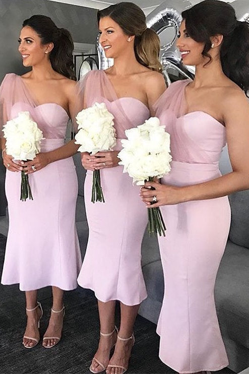One Shoulder Pink Tea Length Mermaid Bridesmaid Dress
