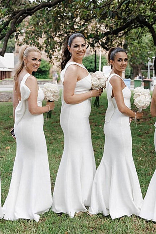 Simple Backless White Mermaid Long Bridesmaid Dress