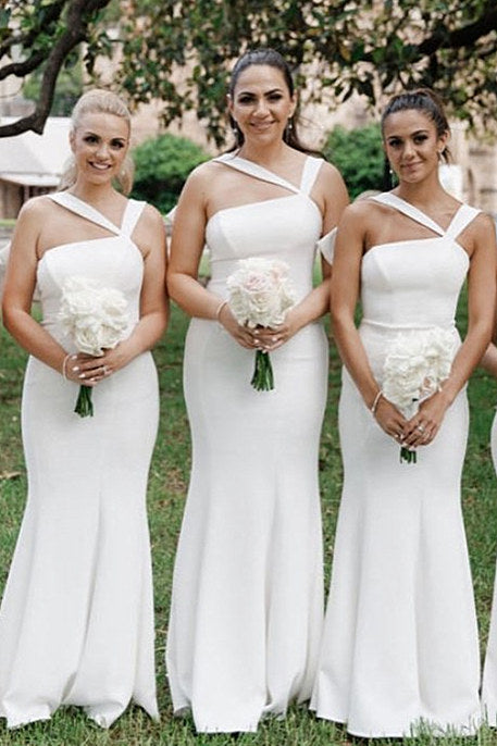 plain white bridesmaid dresses Simple white Strapless Long Mermaid Side Slit Custom Bridesmaid Dresses ,  BN1229 main image 0