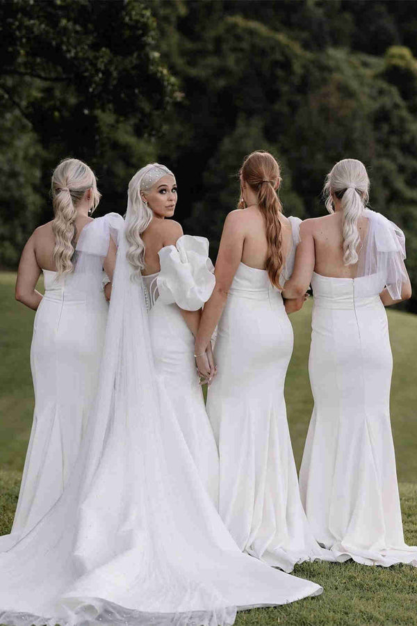 Tie Shoulder White Satin Mermaid Long Bridesmaid Dress