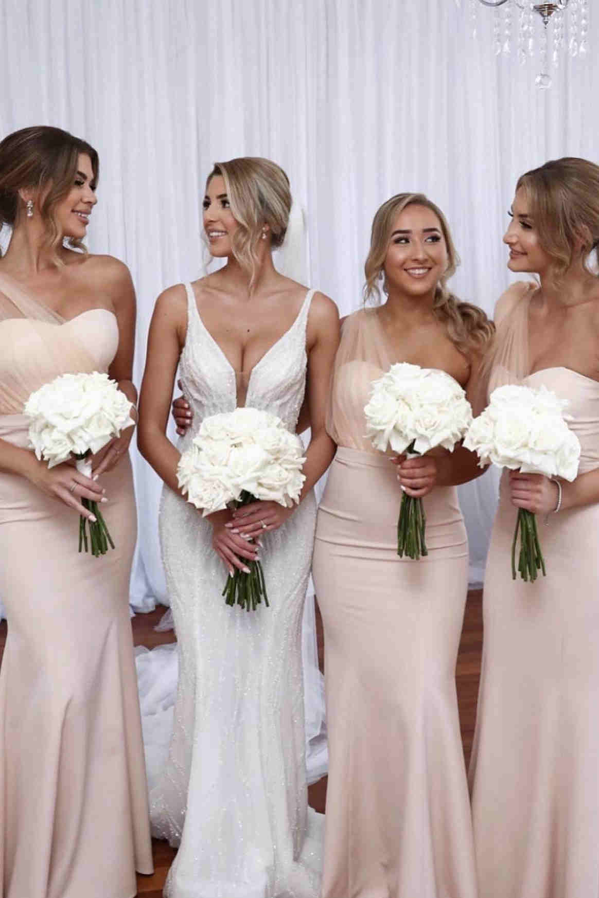 Tie Shoulder White Satin Mermaid Long Bridesmaid Dress