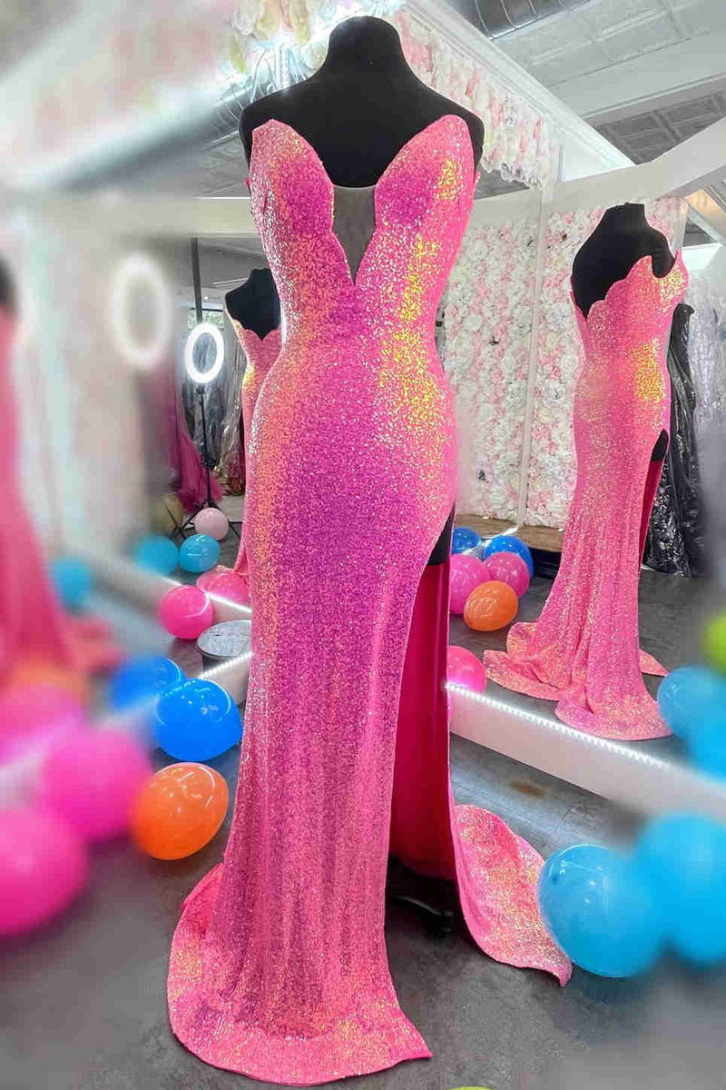 Sequin Hot Pink Plunging Neck Long Prom Dress with Slit