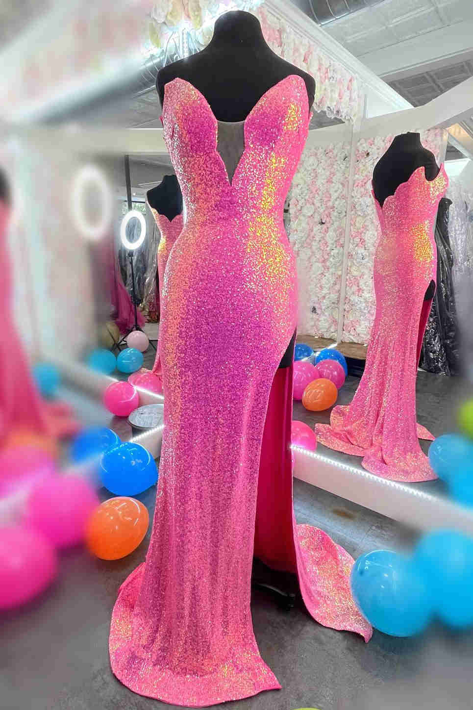 Sequin Hot Pink Plunging Neck Long Prom Dress with Slit – FancyVestido