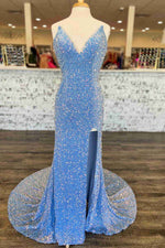 Light Blue V-Neck Sequins Long Prom Dress with Slit