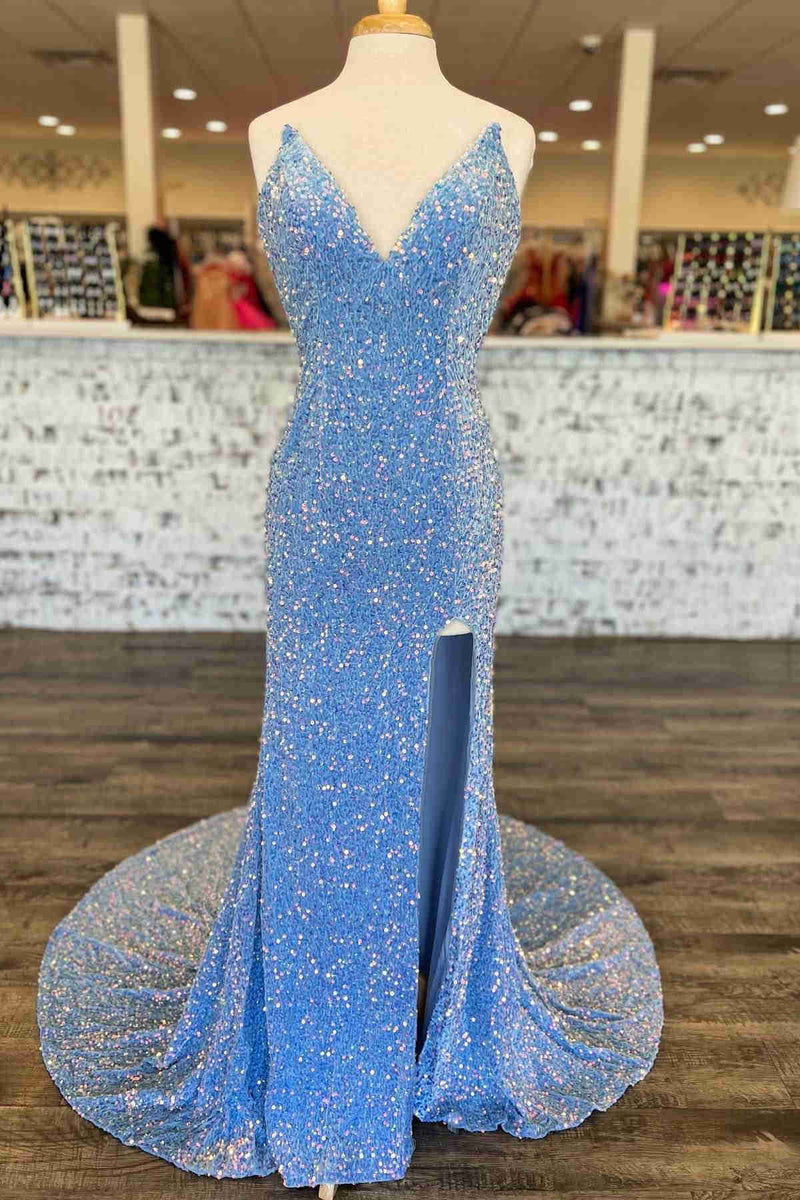 Light Blue V-Neck Sequins Long Prom Dress with Slit