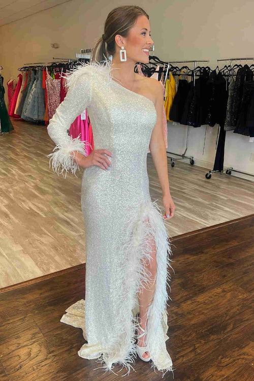 One-Shoulder Black Feathers Long Prom Dress with Slit