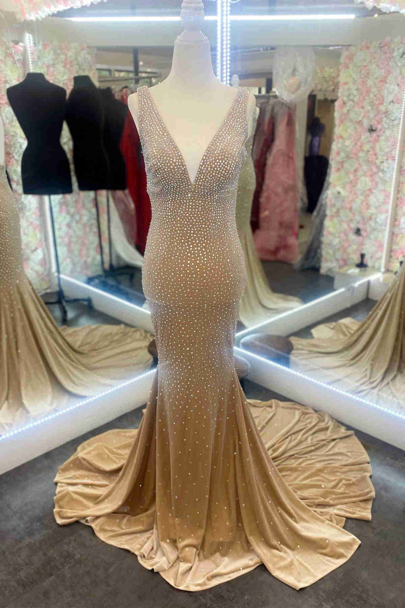 Mermaid Backless Gold V-Neck Beaded Long Prom Dress