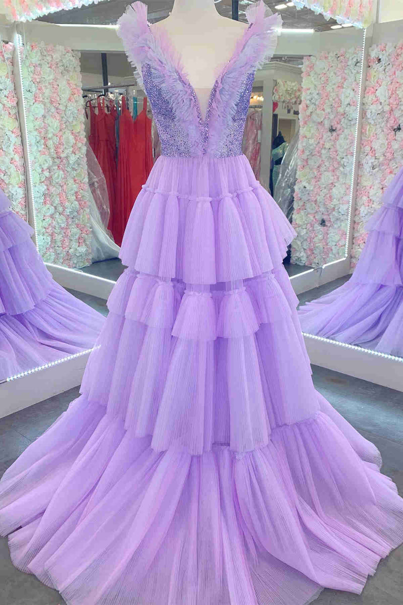 Sequin Top Lavender Tiered Tulle Long Formal Dress