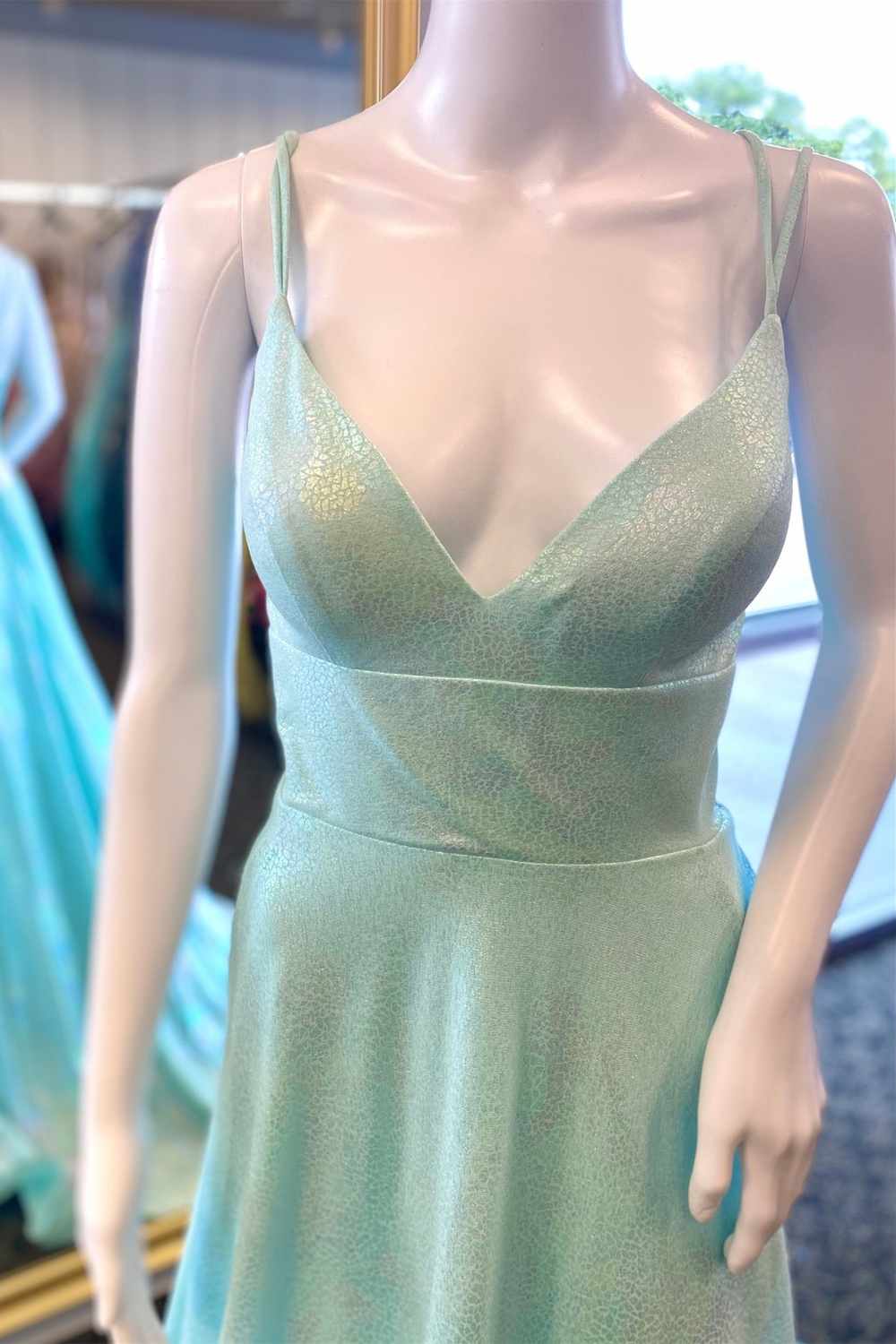 Glitter V-Neck Double Straps Mint Green Prom Dress
