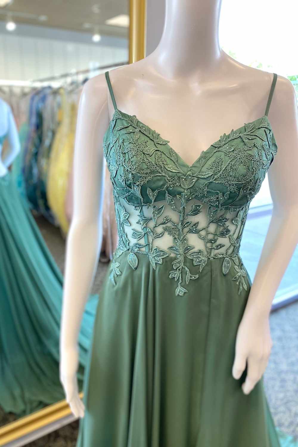 Olive Green Sheer Lace Bodice Chiffon Long Formal Dress FancyVestido Olive Green Sheer Lace Bodice Chiffon Long Formal Dress FancyVestido