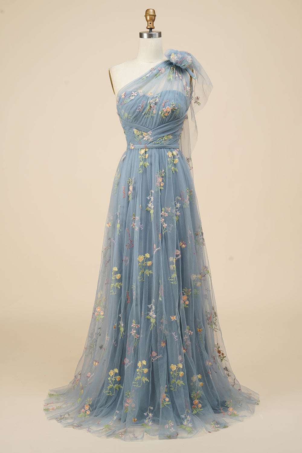 One-Shoulder Smokey Blue Embroidery Tulle Prom Dress – FancyVestido