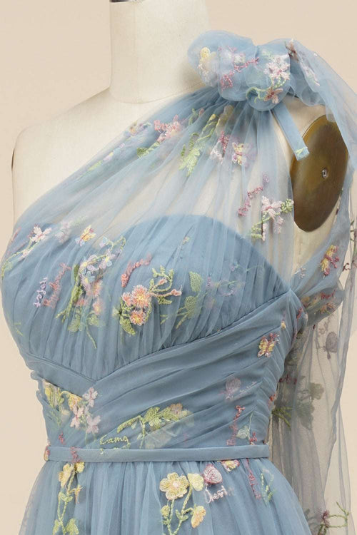 One-Shoulder Smokey Blue Embroidery Tulle Prom Dress