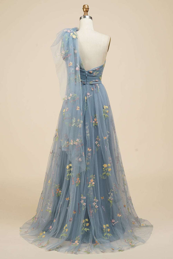 One-Shoulder Smokey Blue Embroidery Tulle Prom Dress