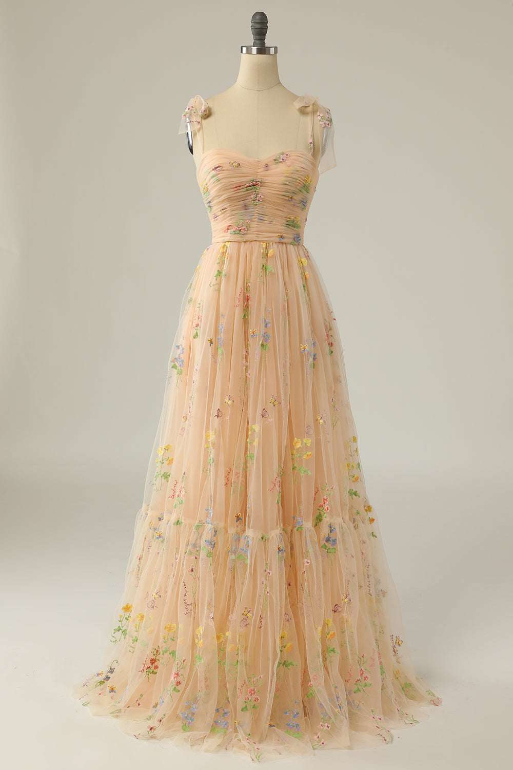 Princess Yellow Floral Long Prom Dress with Embroidery