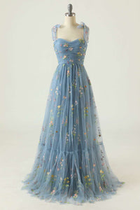 Princess Yellow Floral Long Prom Dress with Embroidery