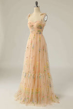 Princess Yellow Floral Long Prom Dress with Embroidery