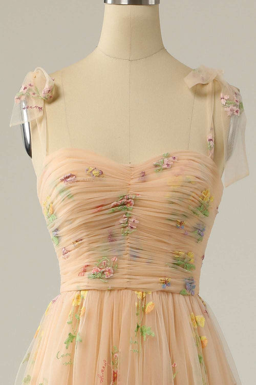 Princess Yellow Floral Long Prom Dress with Embroidery