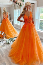 Gorgeous Orange V-Neck Floral Tulle Long Prom Dress