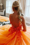 Gorgeous Orange V-Neck Floral Tulle Long Prom Dress