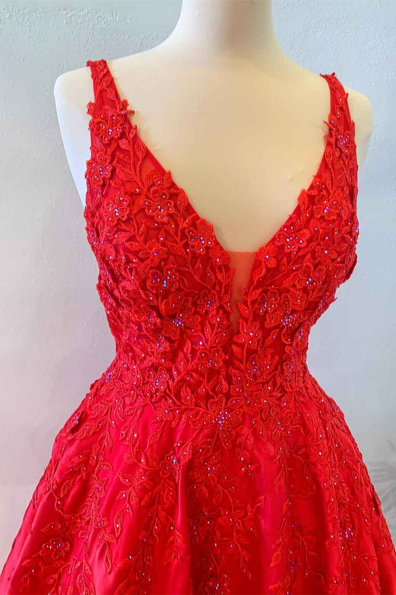 Princess Red Floral A-Line Satin Long Formal Dress