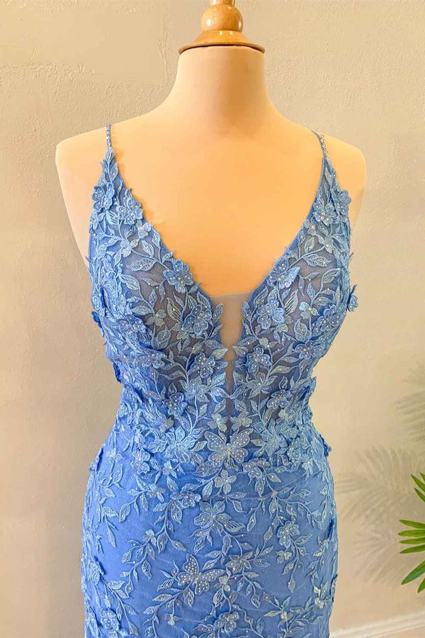 Mermaid Sky Blue Tulle Long Formal Dress with Appliques