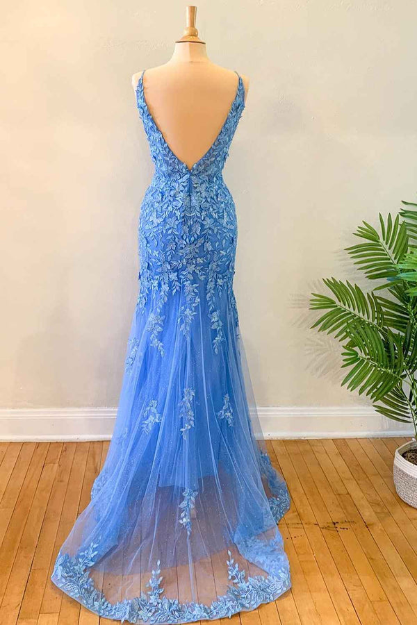 Mermaid Sky Blue Tulle Long Formal Dress with Appliques