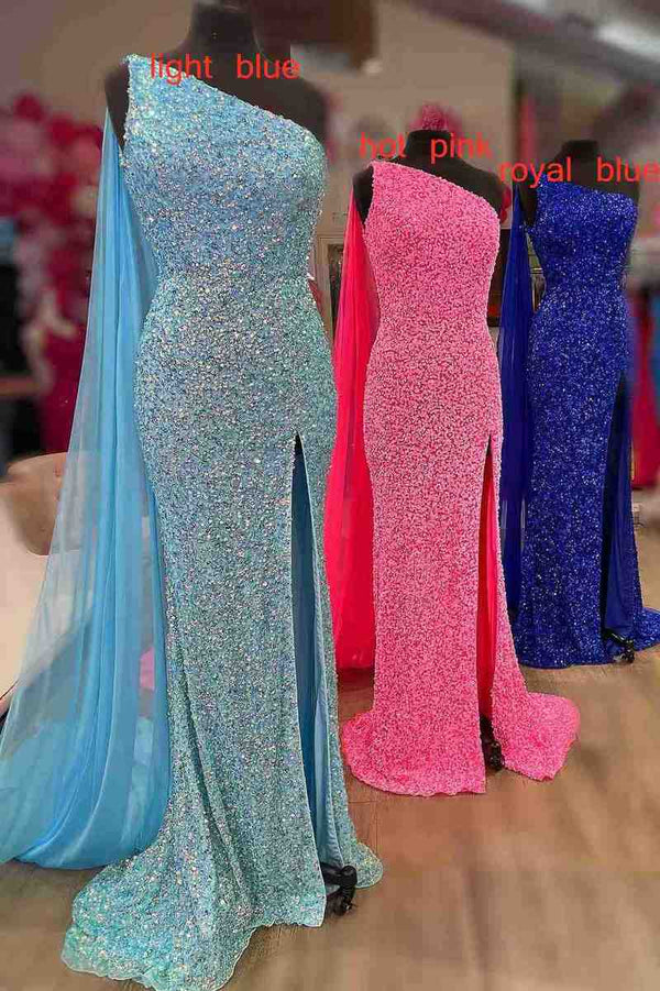 Elegant One-Shoulder Long Formal Dress with Shoulder Scarf