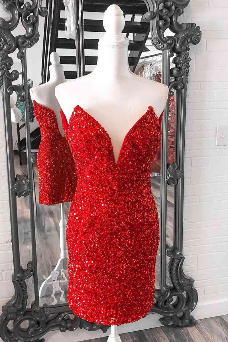 Tight Strapless Red Sequins Short Party Dress