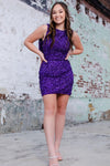 Backless Purple Crew Neck Tight Homecoming Dress