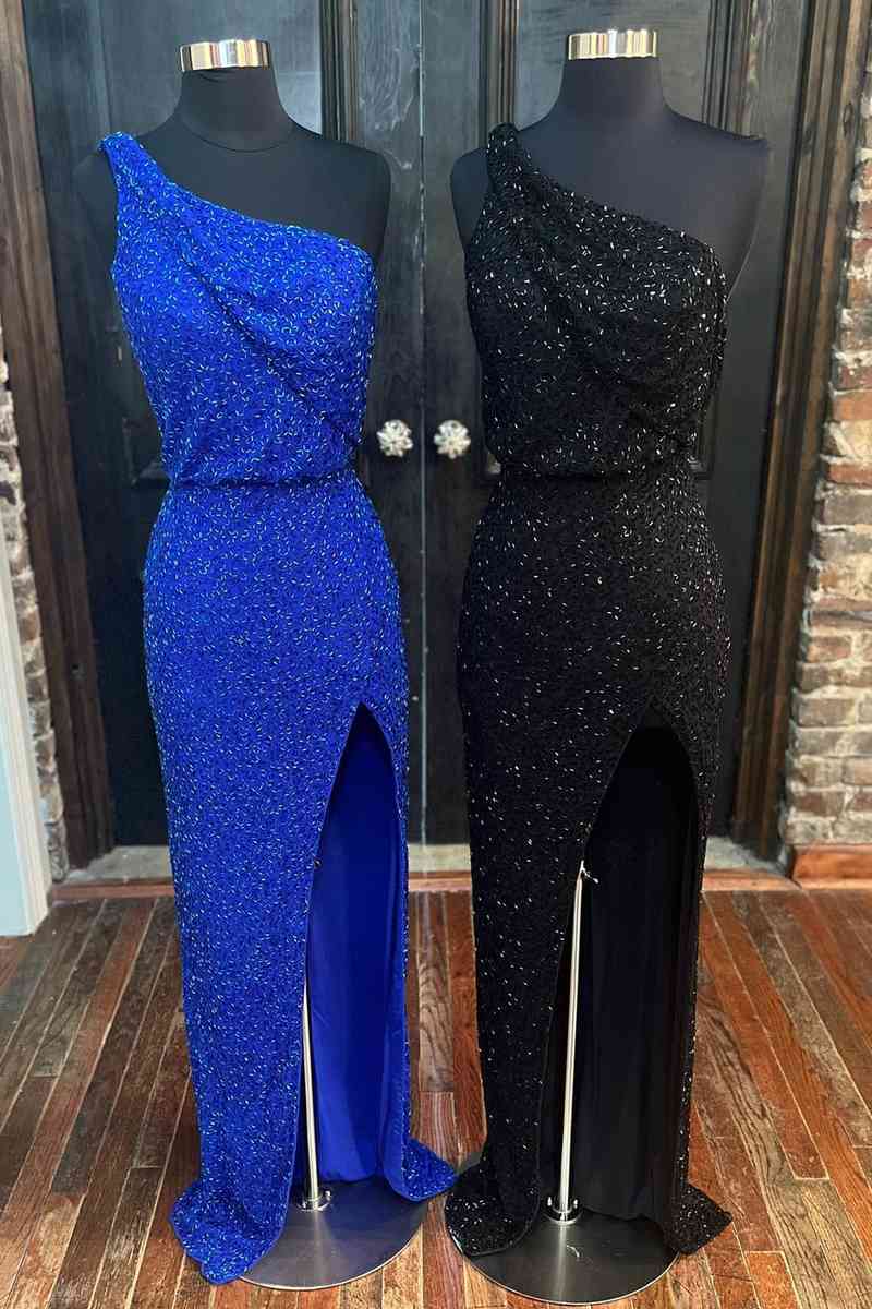 Elegant One-Shoulder Beaded Long Formal Dress with Slit